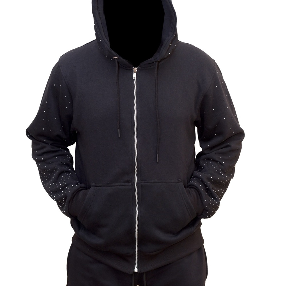 Men's Black Zip-Up Sweater with Rhinestone Details